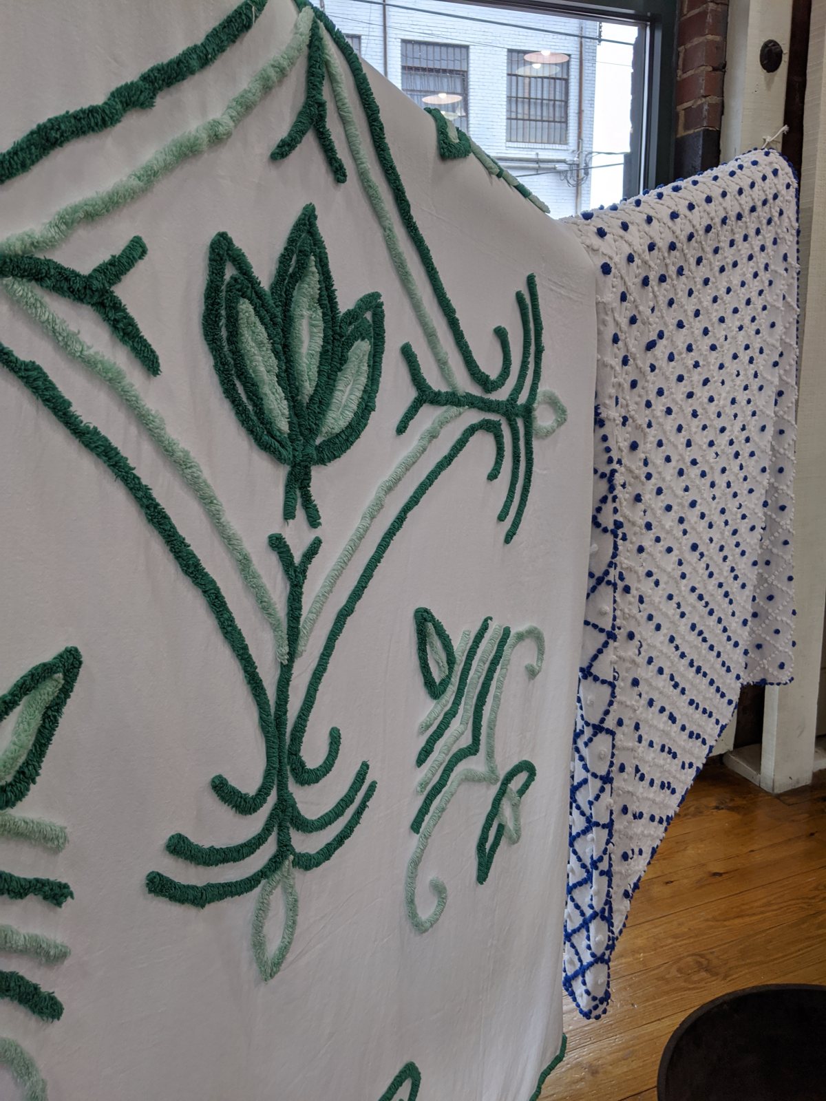 Chenille bedspreads: line-tufted tulips, dot-tufted florals and diamond lattice