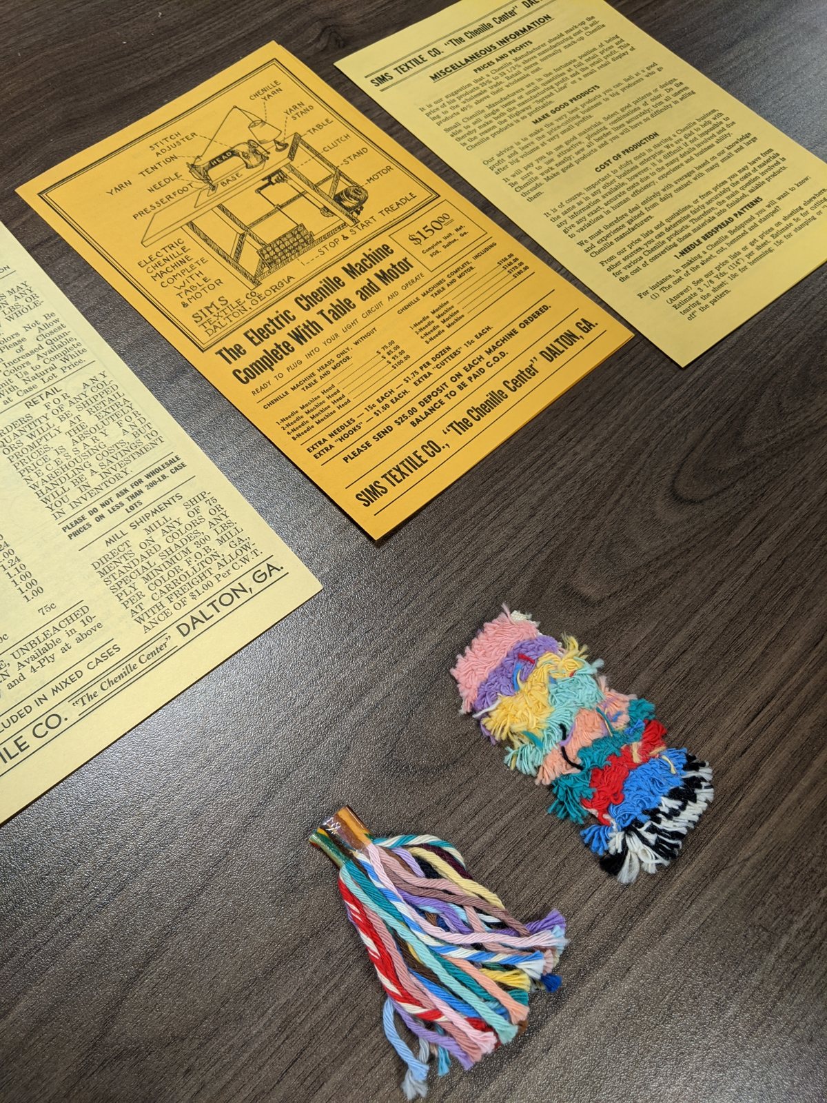 Sims Textile Co., "The Chenille Center," Dalton, Ga.: Electric Chenille Machine sheet, yarn price list and "Miscellaneous Information"