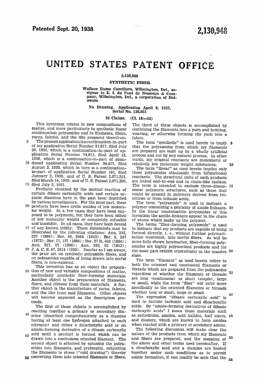 Wallace H. Carothers, "Synthetic fiber" (US2130948A)