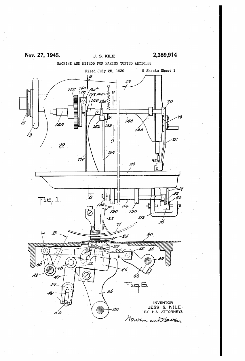 Jess Spencer Kile, "Machine and Method for Making Tufted Articles" (US2389914A)